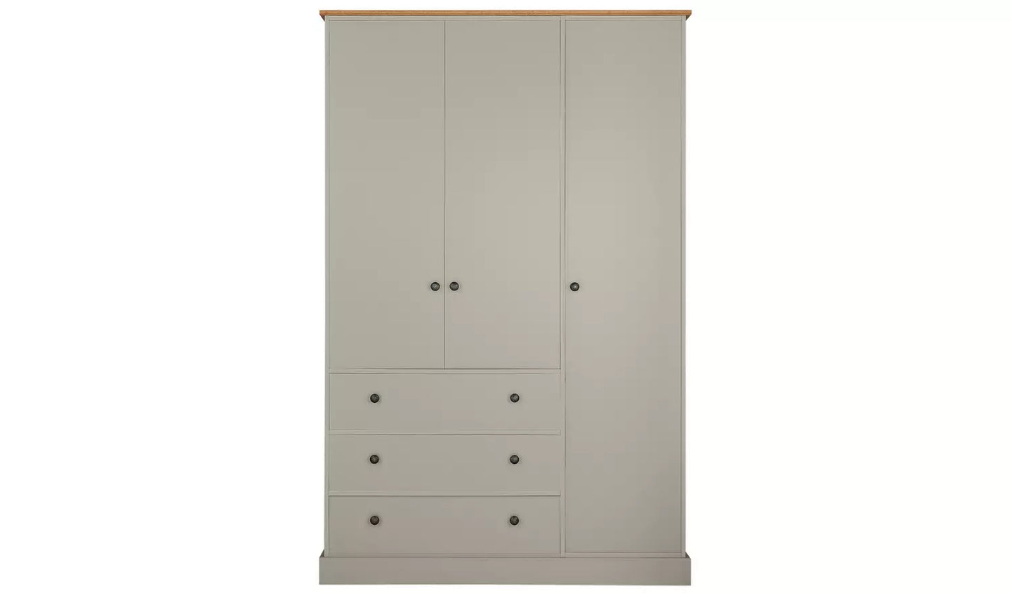Kensington 3 Door 3 Drawer Wardrobe - Soft Grey /Oak Effect